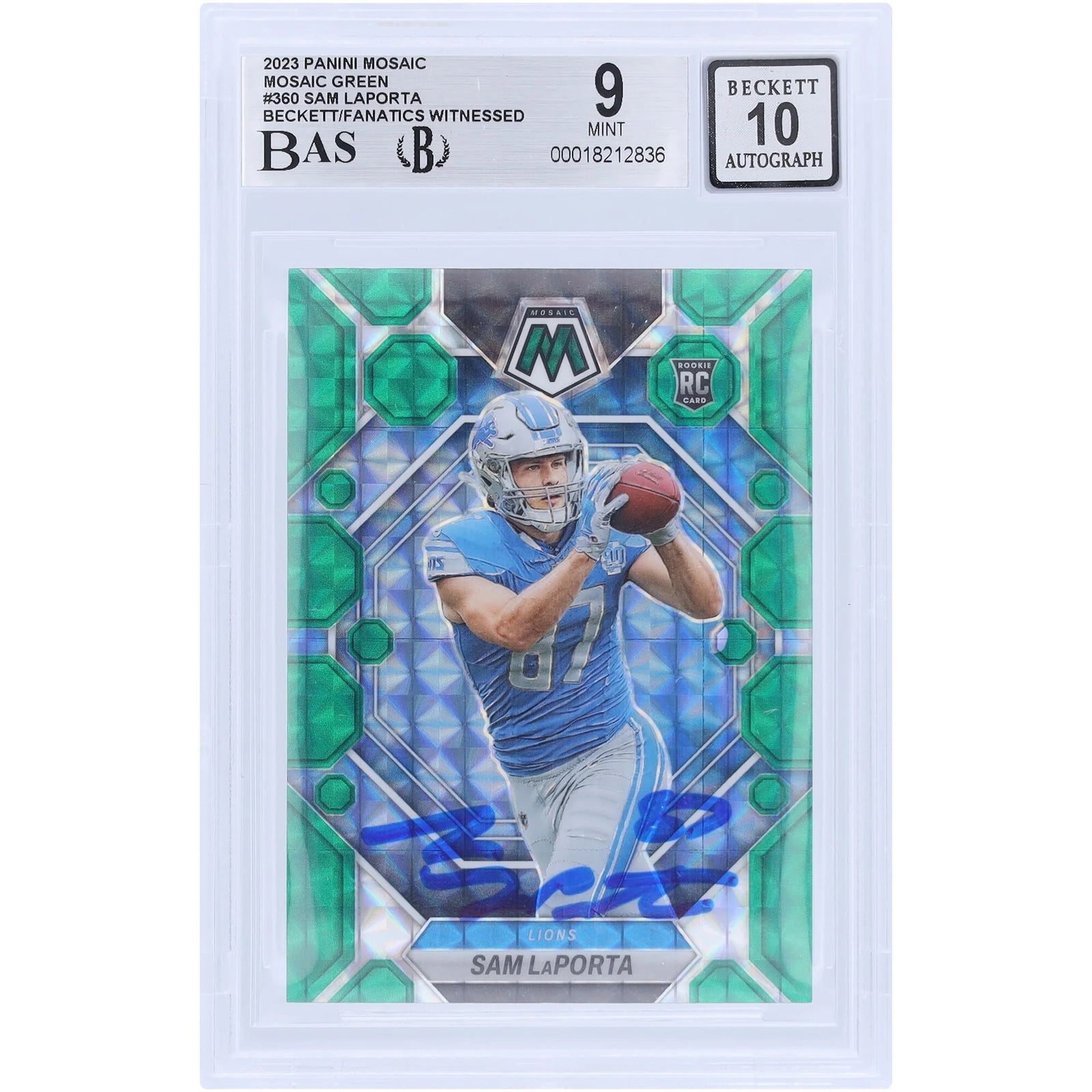 Sam LaPorta Signed 2023 Panini Mosaic Green #360 Rookie Card | Beckett Authenticated 9
