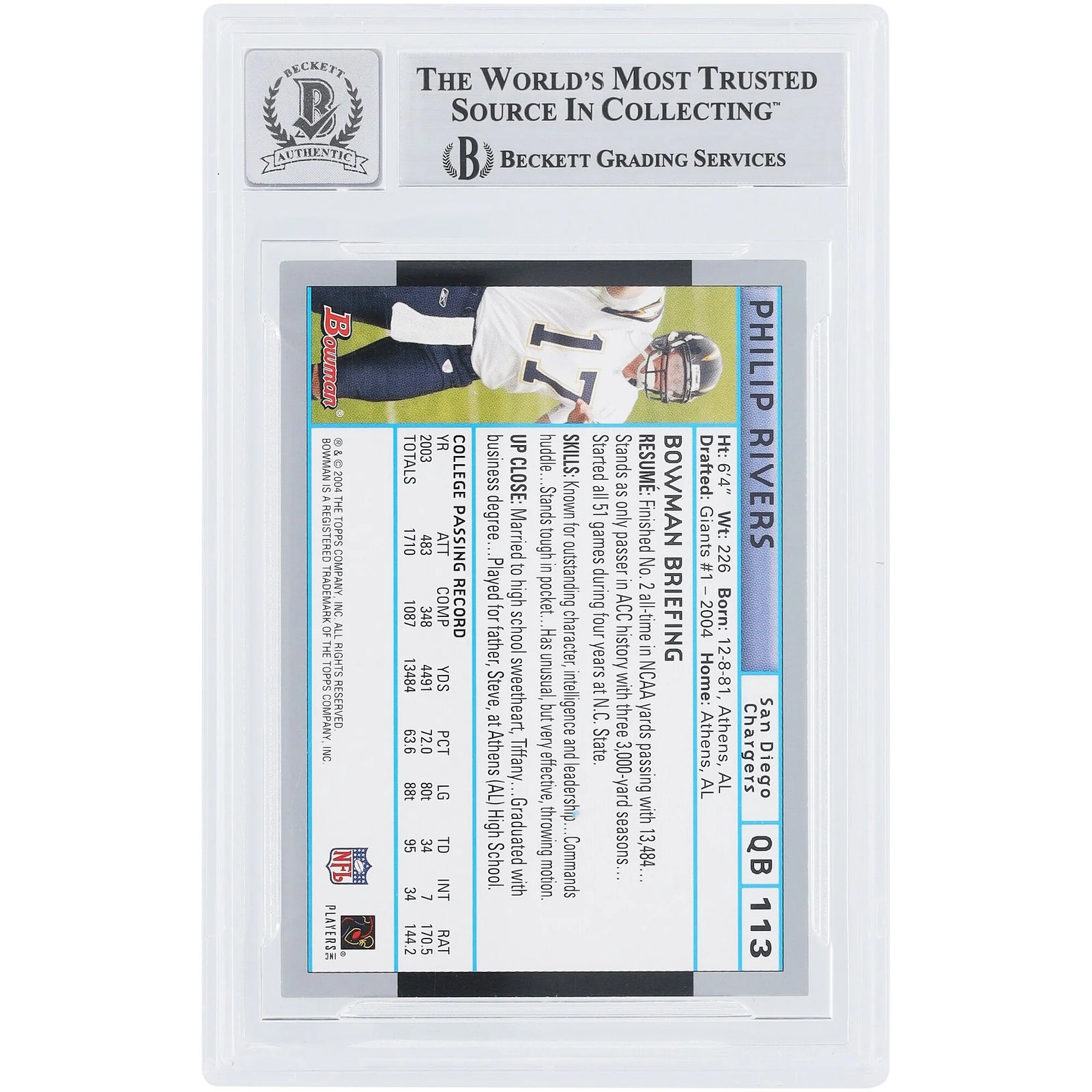 Philip Rivers Signed 2004 Bowman #113 Rookie Card | Graded 10