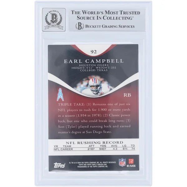 Earl Campbell Signed 2009 Topps Triple Threads #92 Card | Graded 9/10