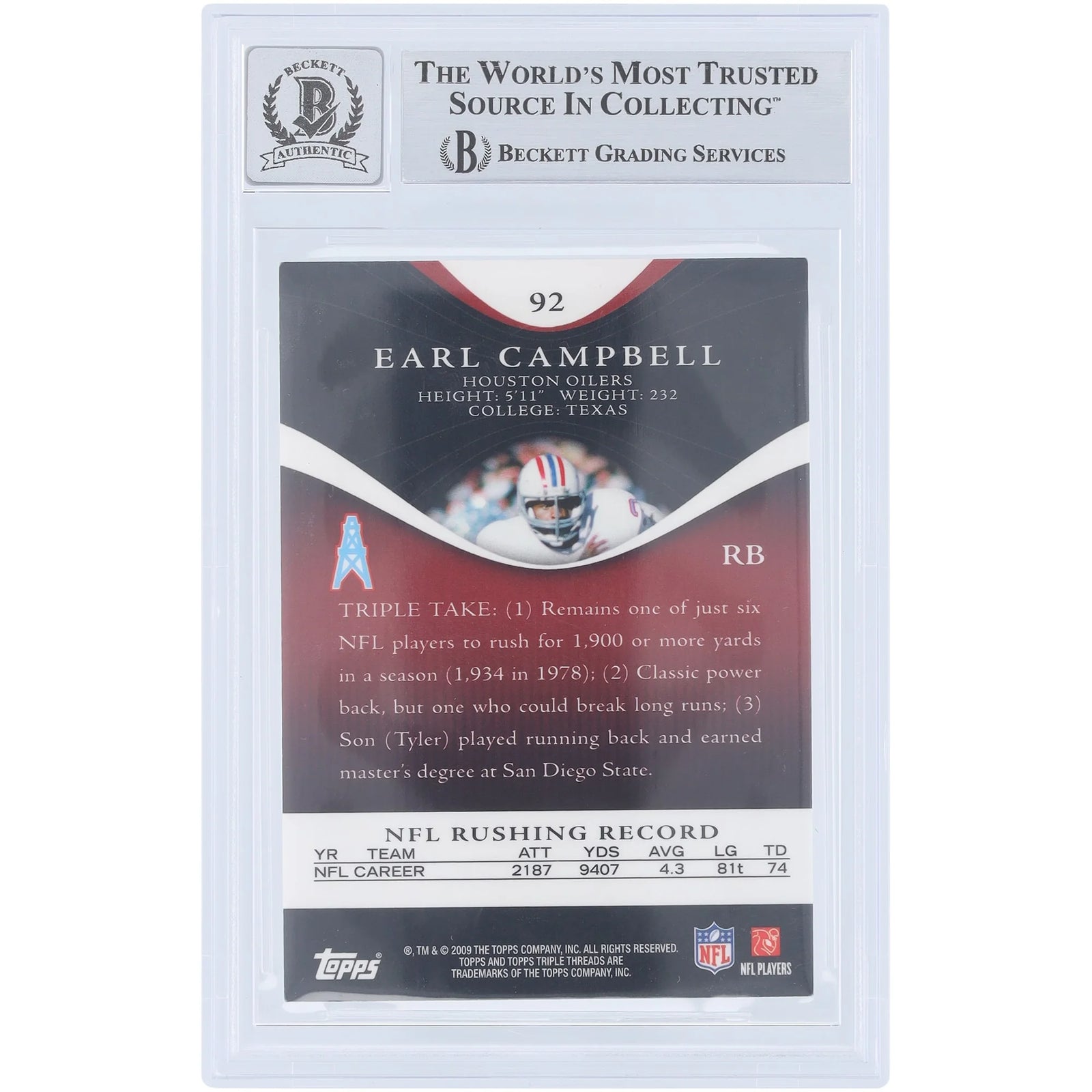 Earl Campbell Signed 2009 Topps Triple Threads #92 Card | Graded 9/10