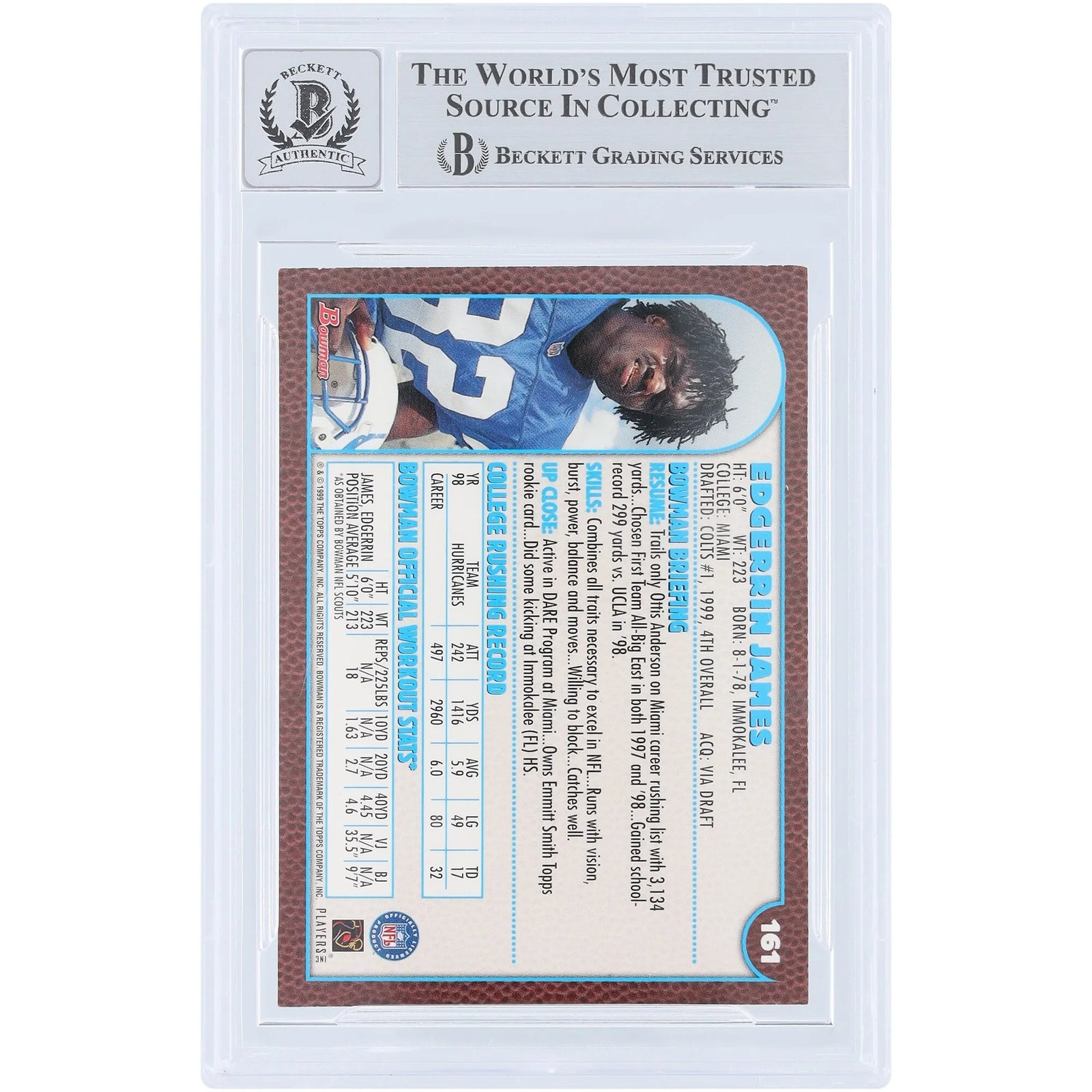 Edgerrin James Signed 1999 Bowman #161 Rookie Card | Beckett Graded 10