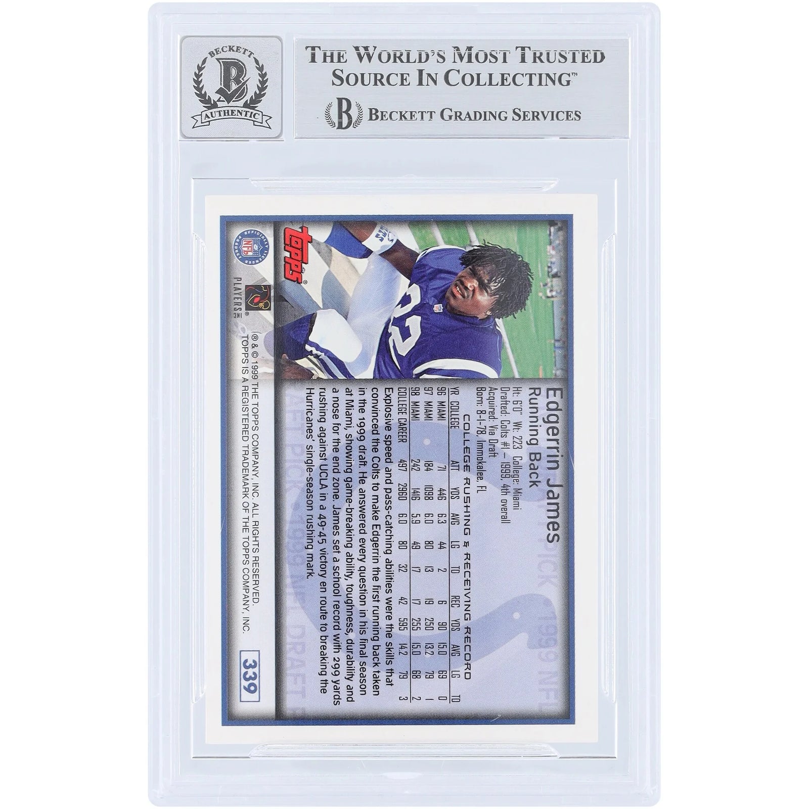 Edgerrin James Signed 1999 Topps #339 Rookie Card | Beckett 10
