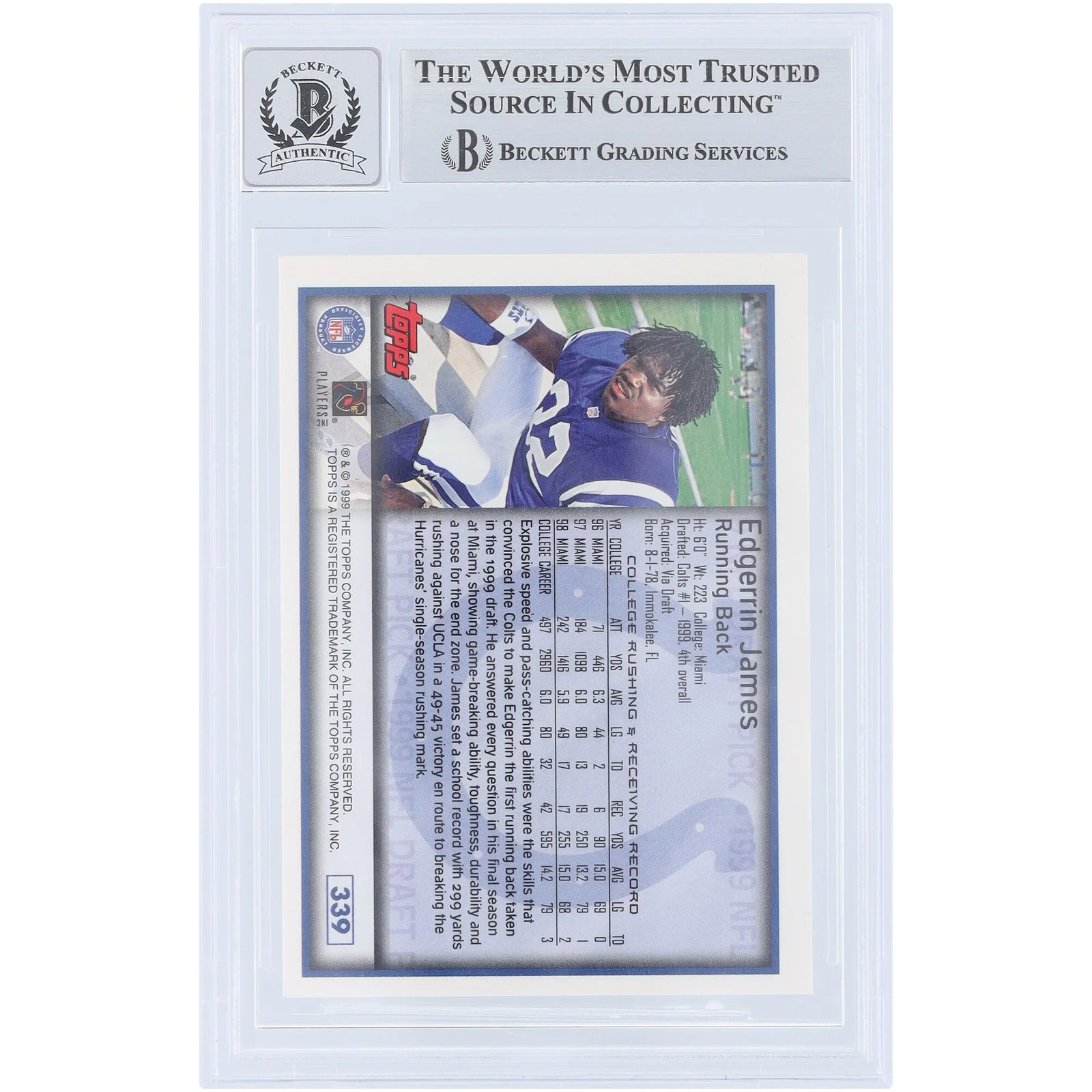 Edgerrin James Signed 1999 Topps #339 Rookie Card | Beckett Authenticated