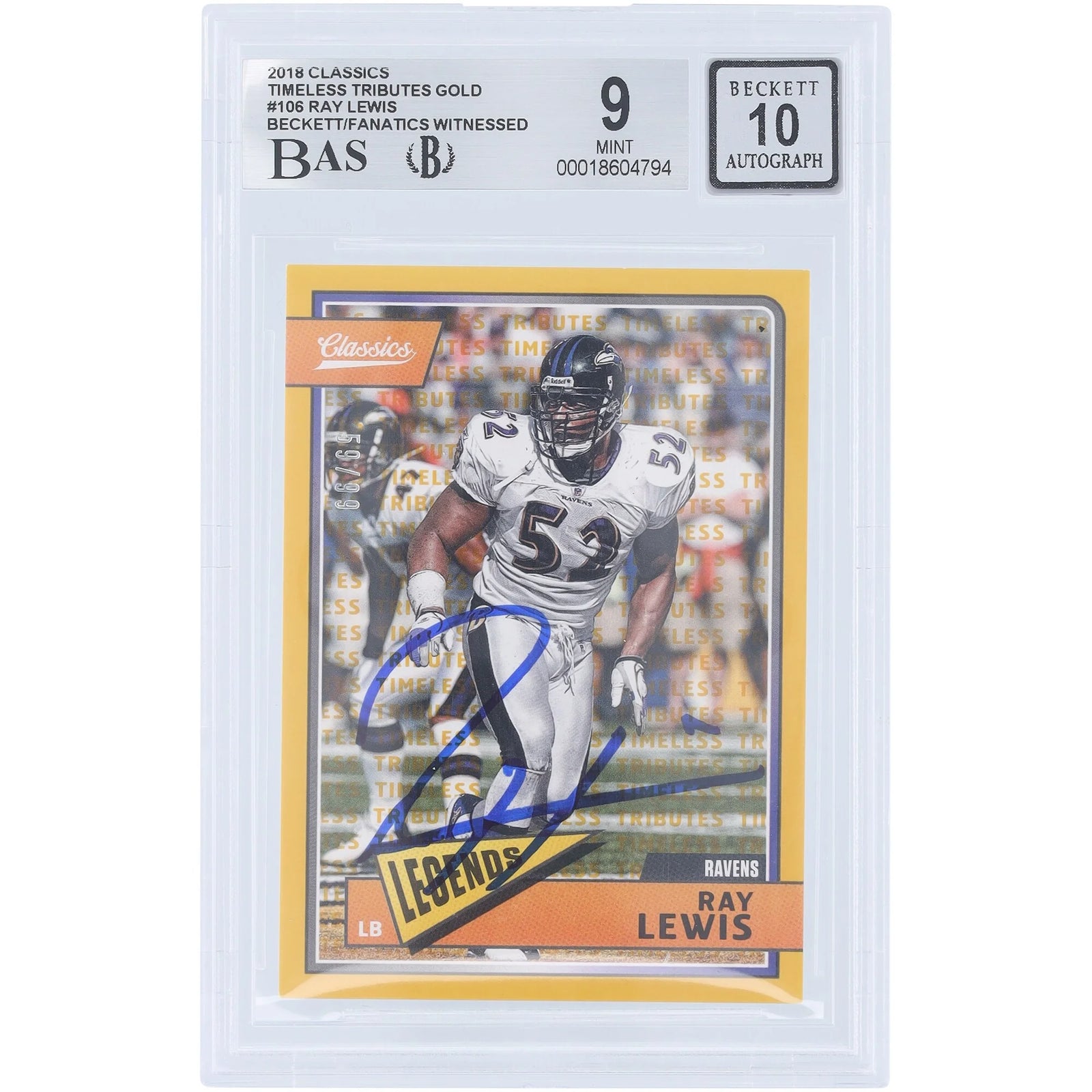 Ray Lewis Signed 2018 Panini Classic Timeless Tributes Gold Card #106 | Limited /99