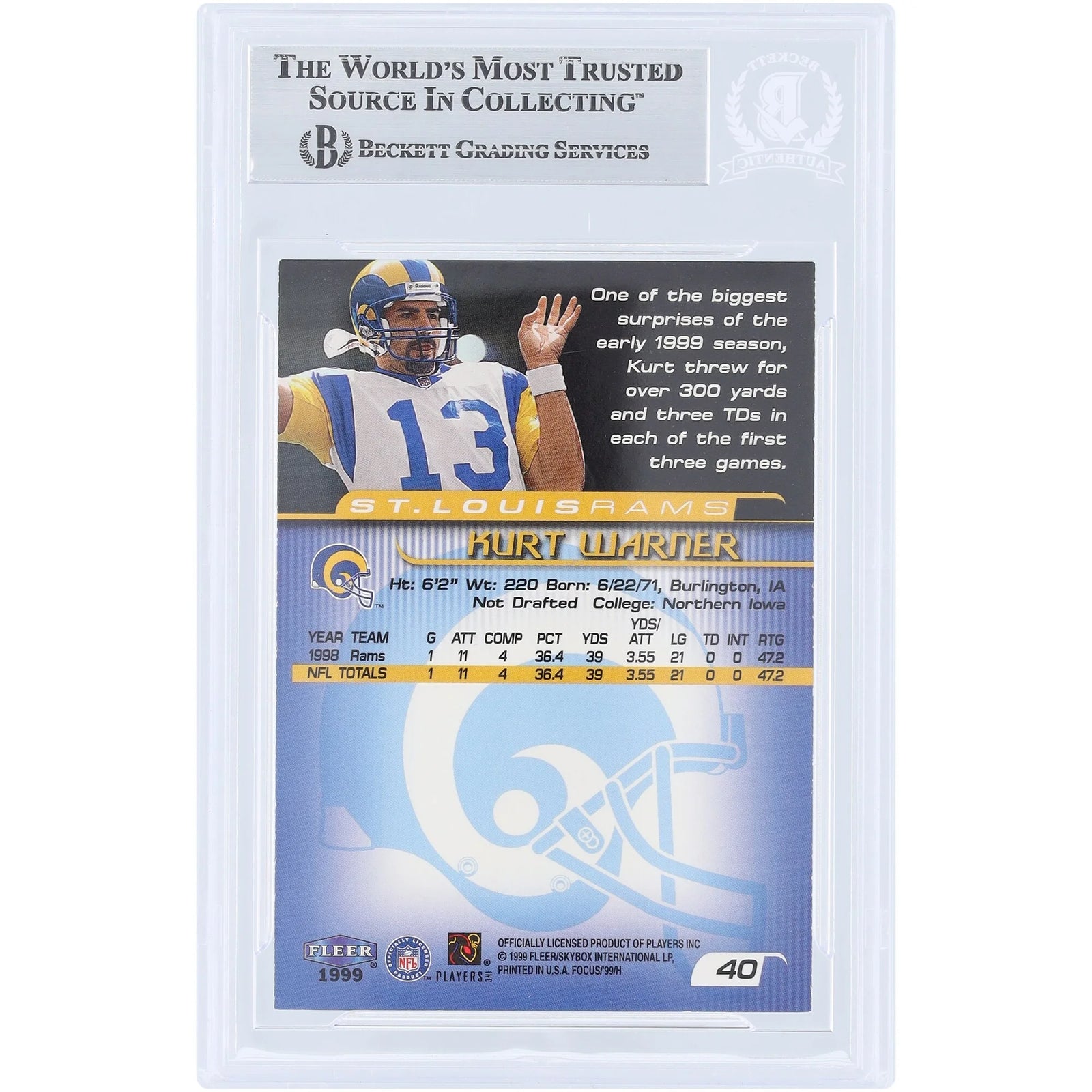 Kurt Warner Signed 1999 Fleer Focus #40 Rookie Card | Beckett Authenticated