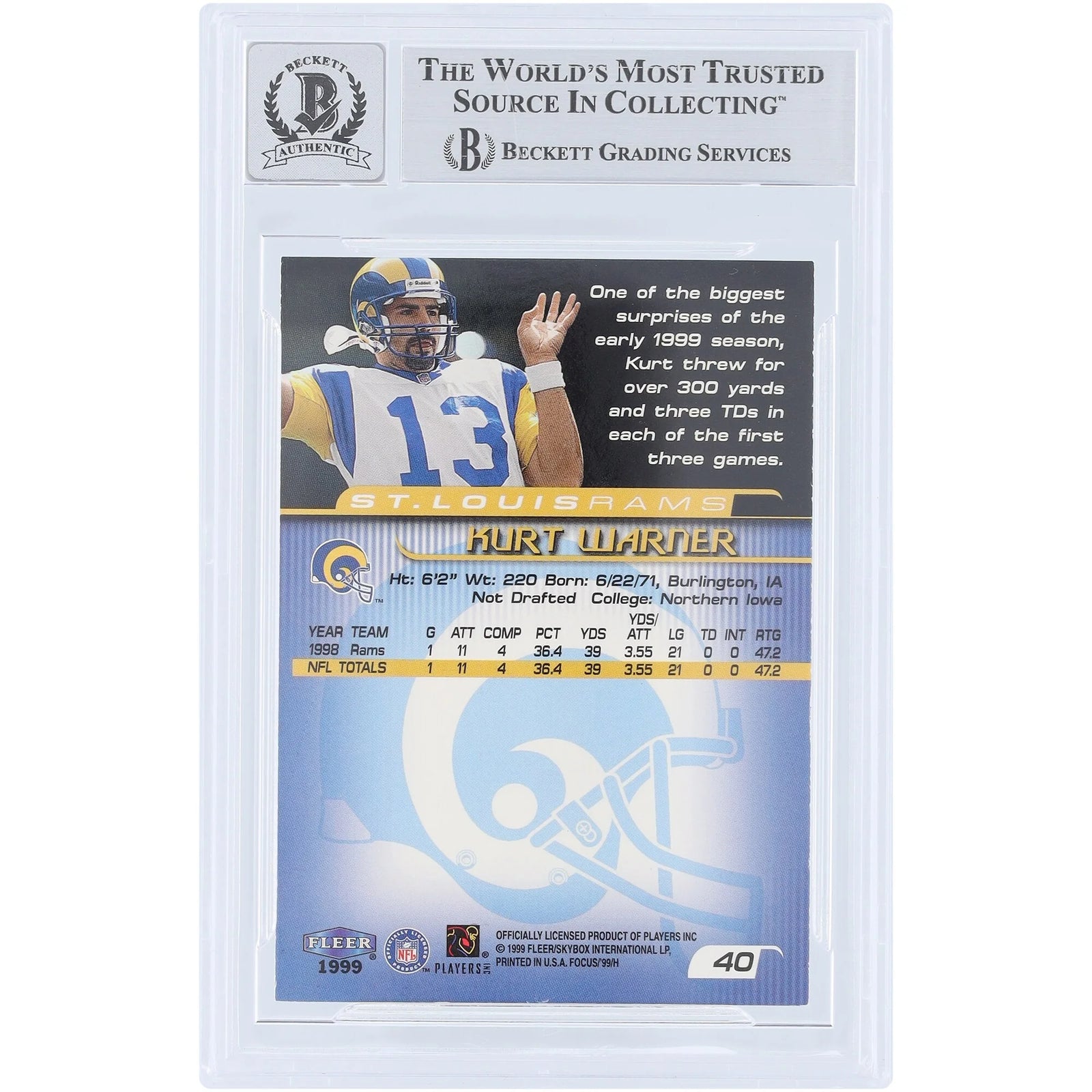 Kurt Warner Signed 1999 Fleer Focus #40 Rookie Card | Beckett 10