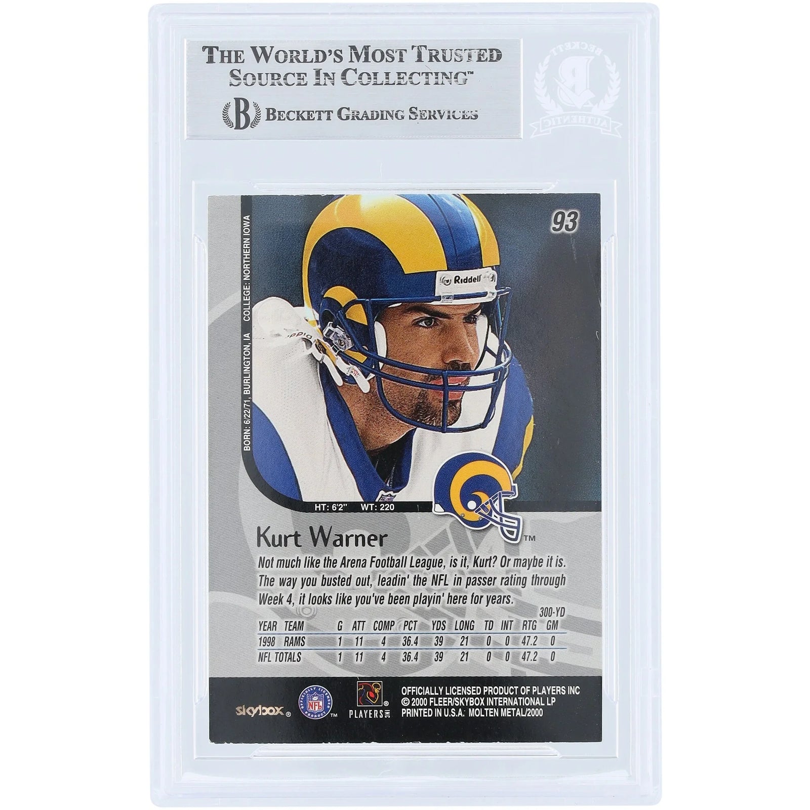 Kurt Warner Signed 1999 Skybox Molten Metal Rookie #93 Card | Beckett Authenticated