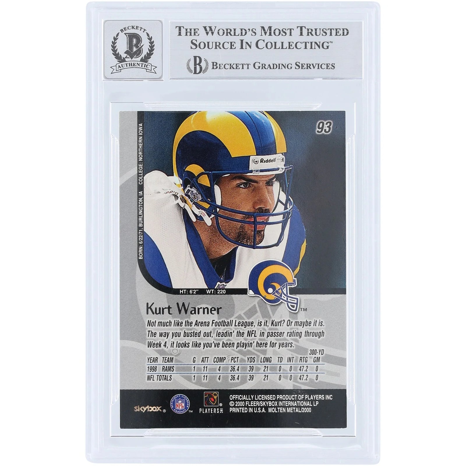 Kurt Warner Signed 1999 Skybox Molten Metal #93 Rookie Card | Graded 10