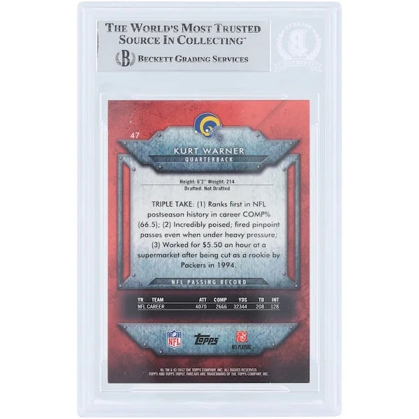 Kurt Warner St. Louis Rams Autographed 2012 Topps Triple Threads #47 #/989 Beckett Fanatics Witnessed Authenticated Card - F2