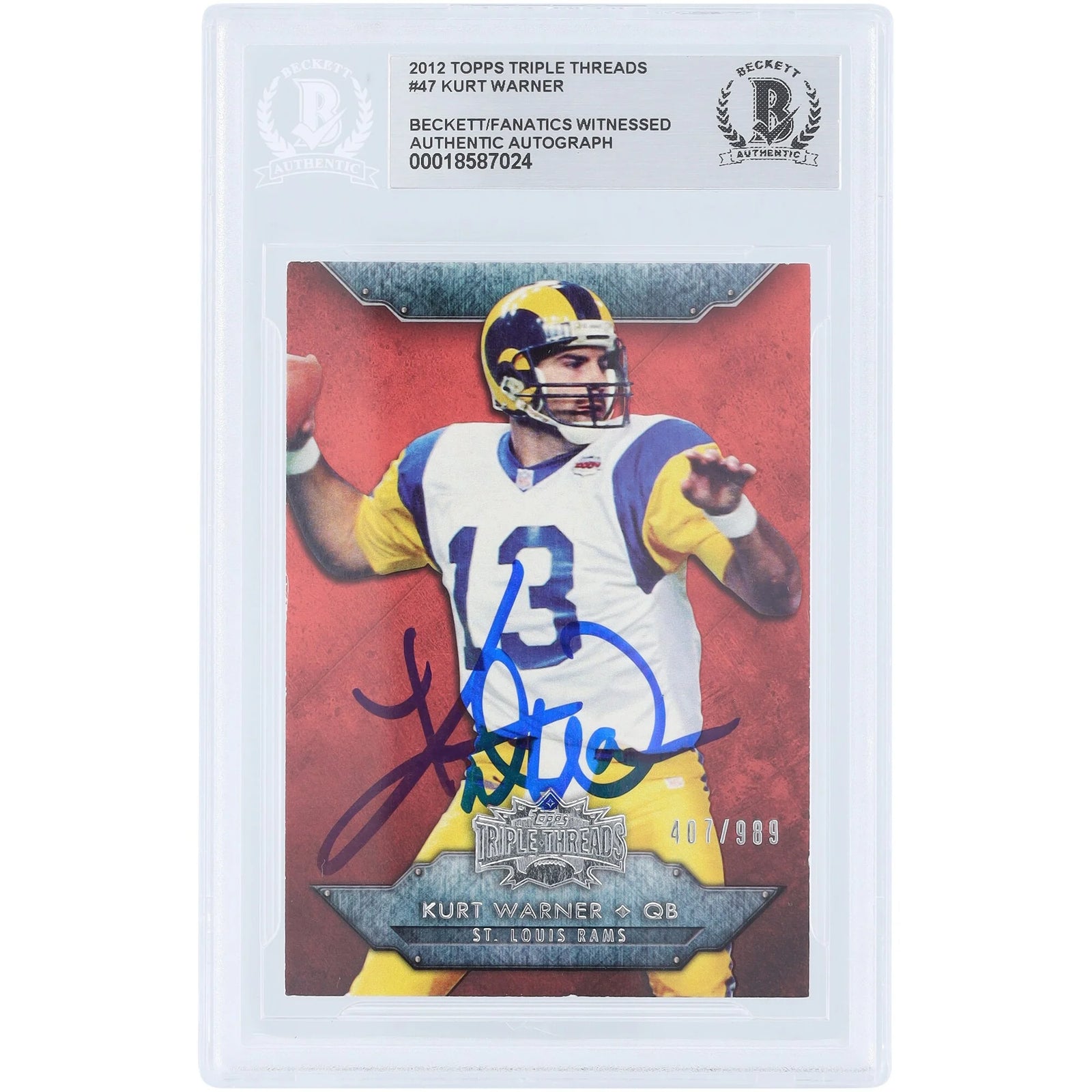 Kurt Warner St. Louis Rams Autographed 2012 Topps Triple Threads #47 #/989 Beckett Fanatics Witnessed Authenticated Card - F2