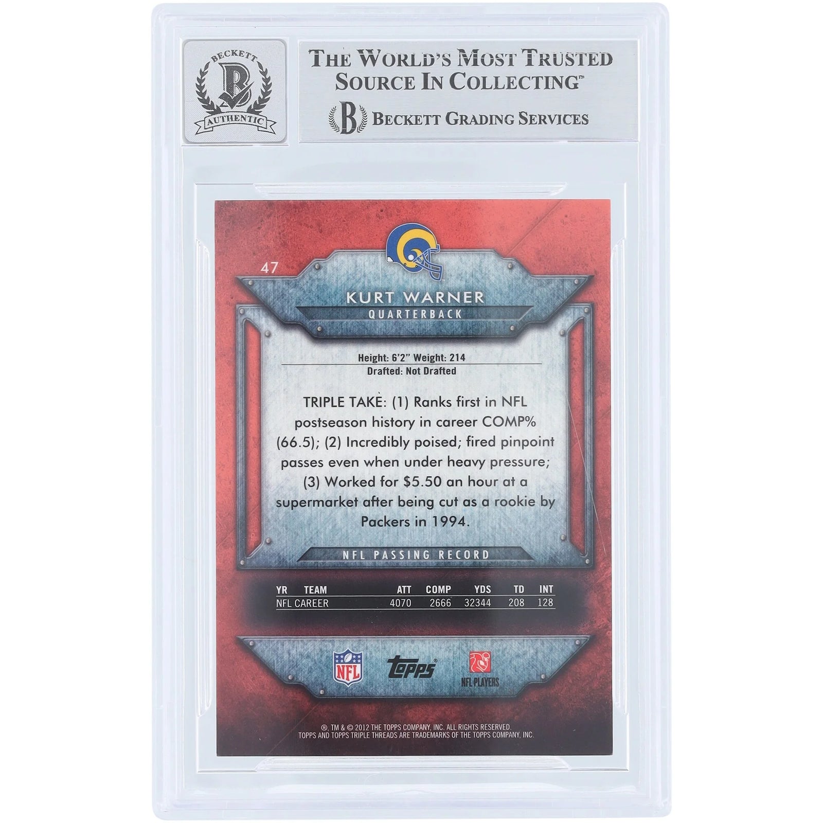 Kurt Warner Signed 2012 Topps Triple Threads #47 Card | Graded 10