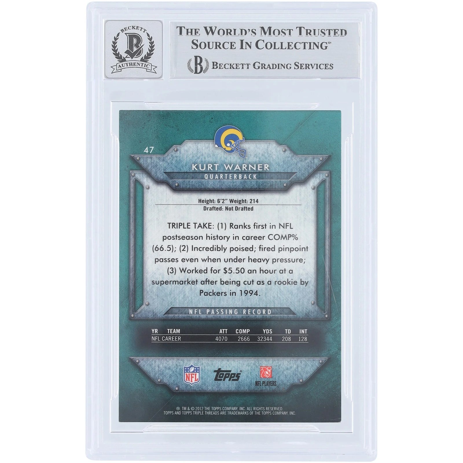 Kurt Warner Signed 2012 Topps Triple Threads Emerald #47 | Graded 10