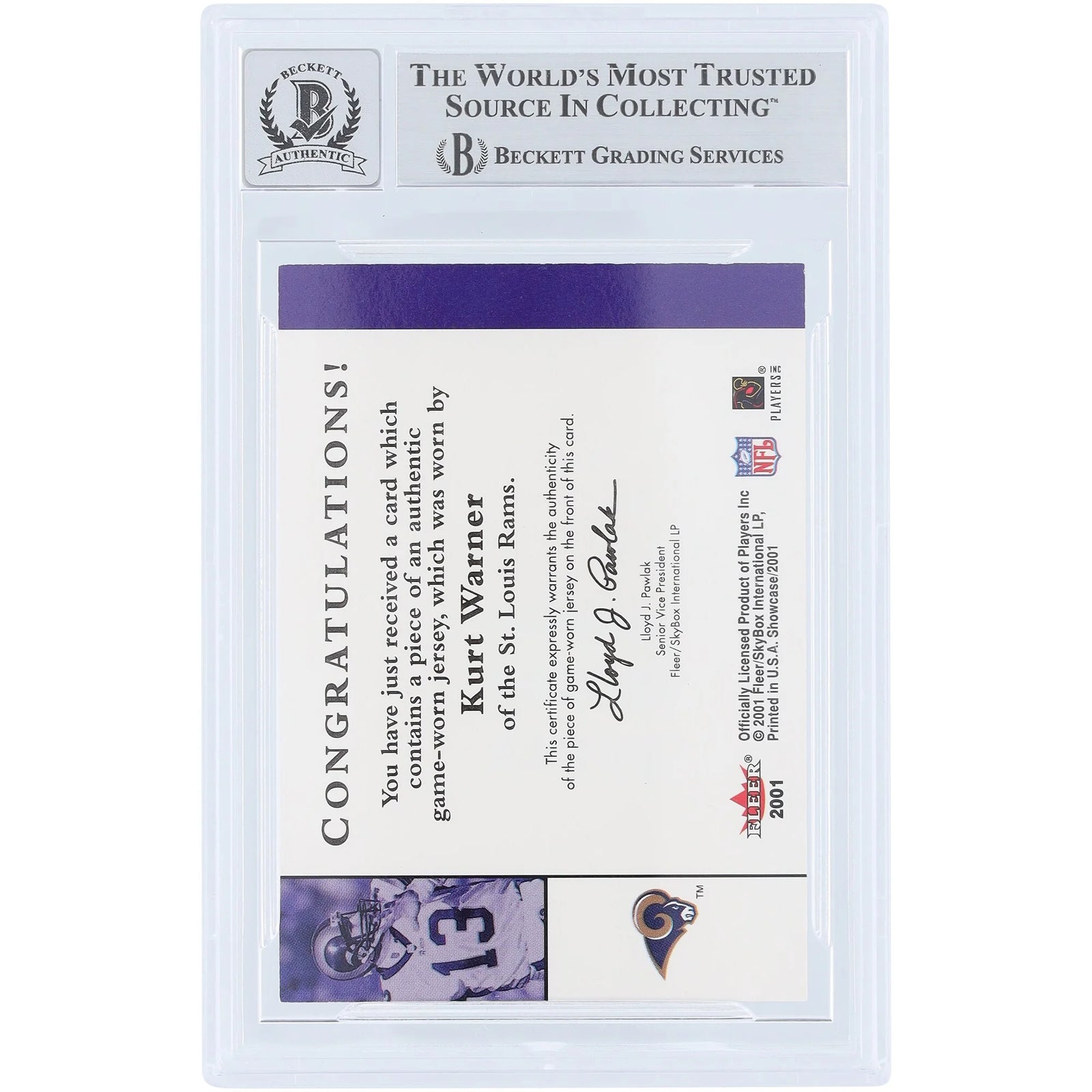 Kurt Warner Signed 2001 Fleer Showcase Stitches Jersey Relic #KW | Graded 10