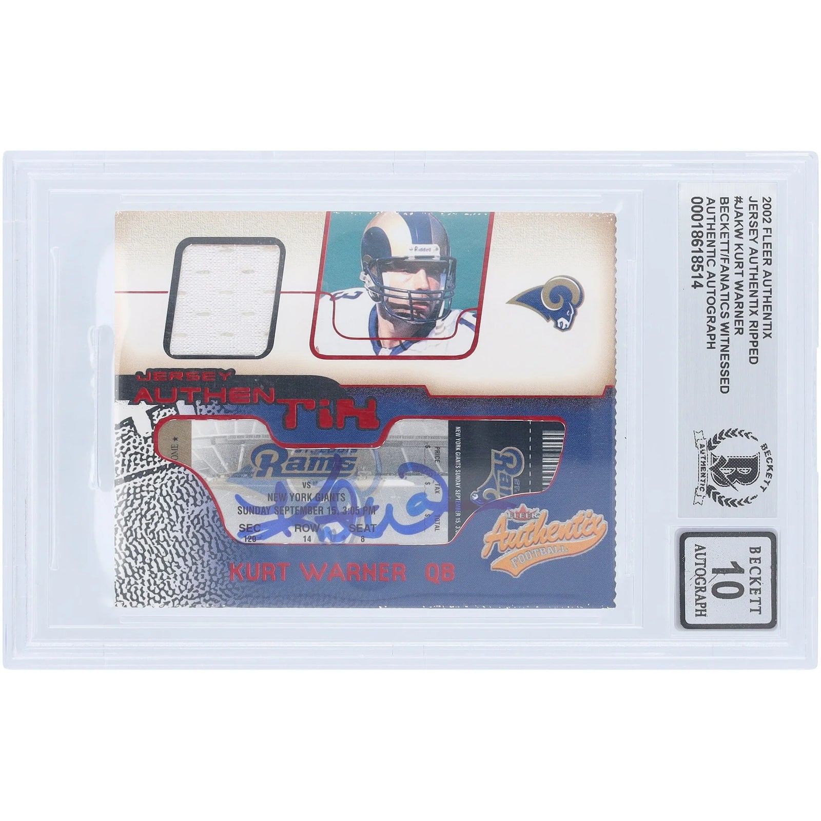 Kurt Warner Signed 2002 Fleer Authentix Jersey Relic Card | Beckett 10