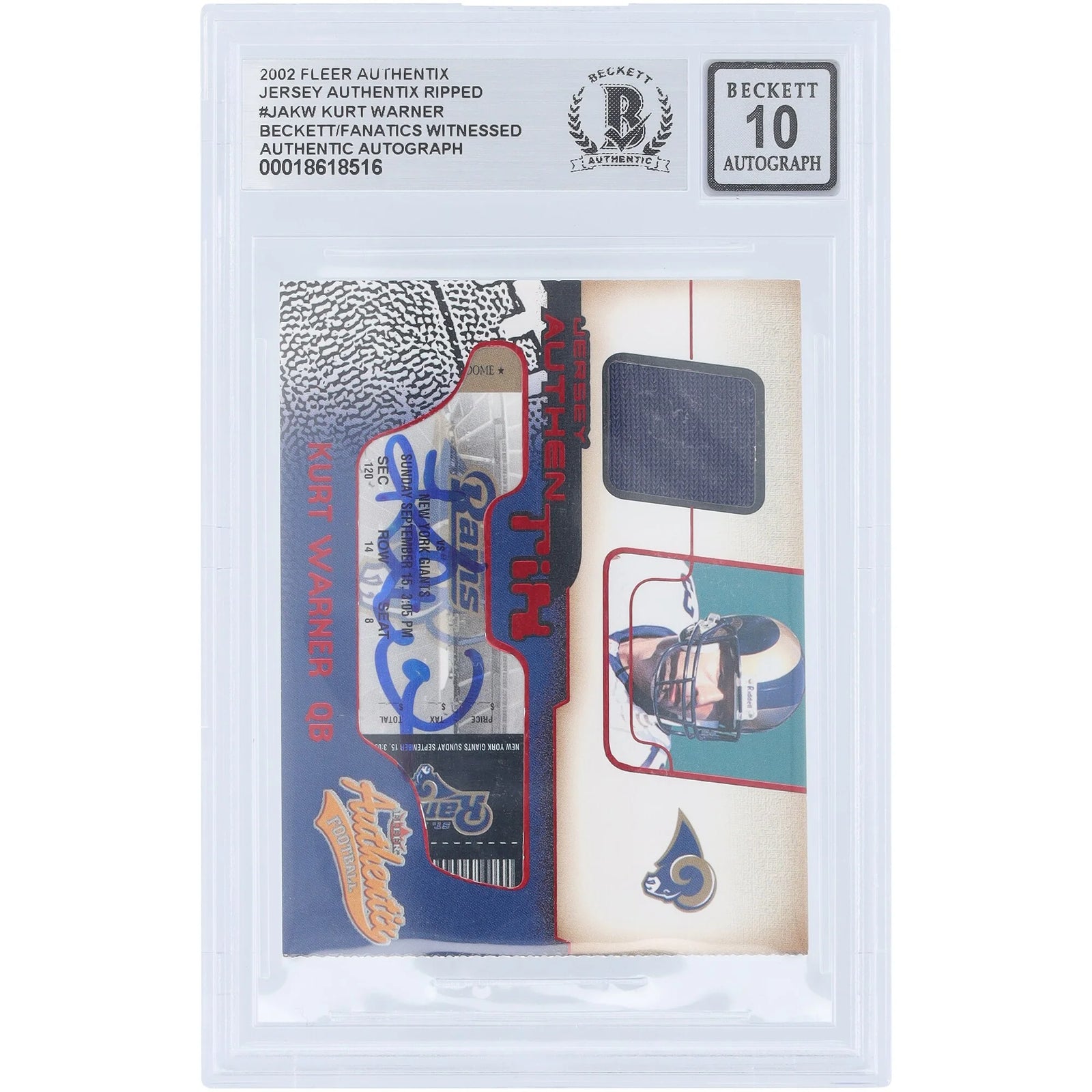 Kurt Warner Signed 2002 Fleer Authentix Jersey Relic Card | Beckett 10