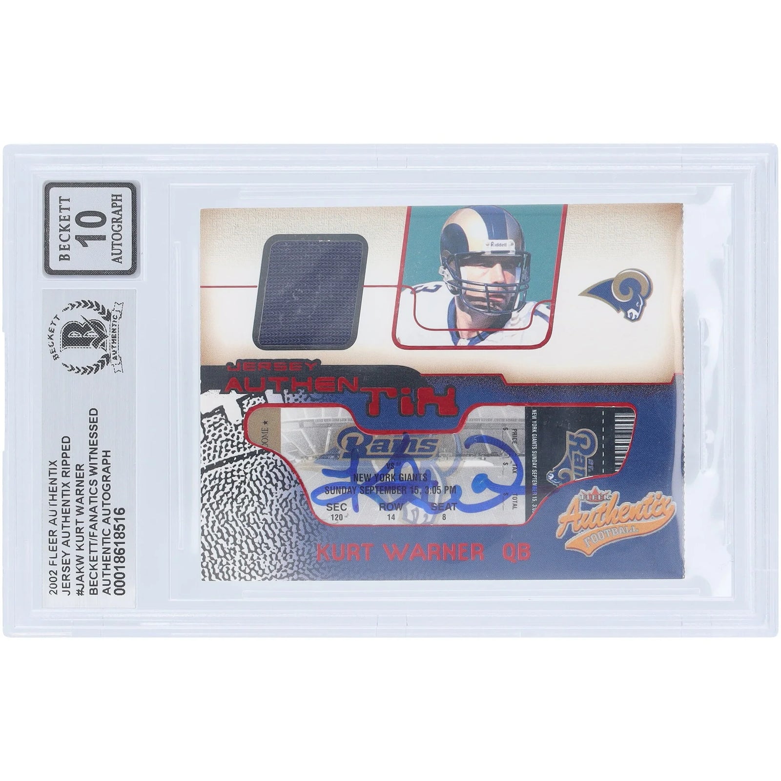 Kurt Warner Signed 2002 Fleer Authentix Jersey Relic Card | Beckett 10