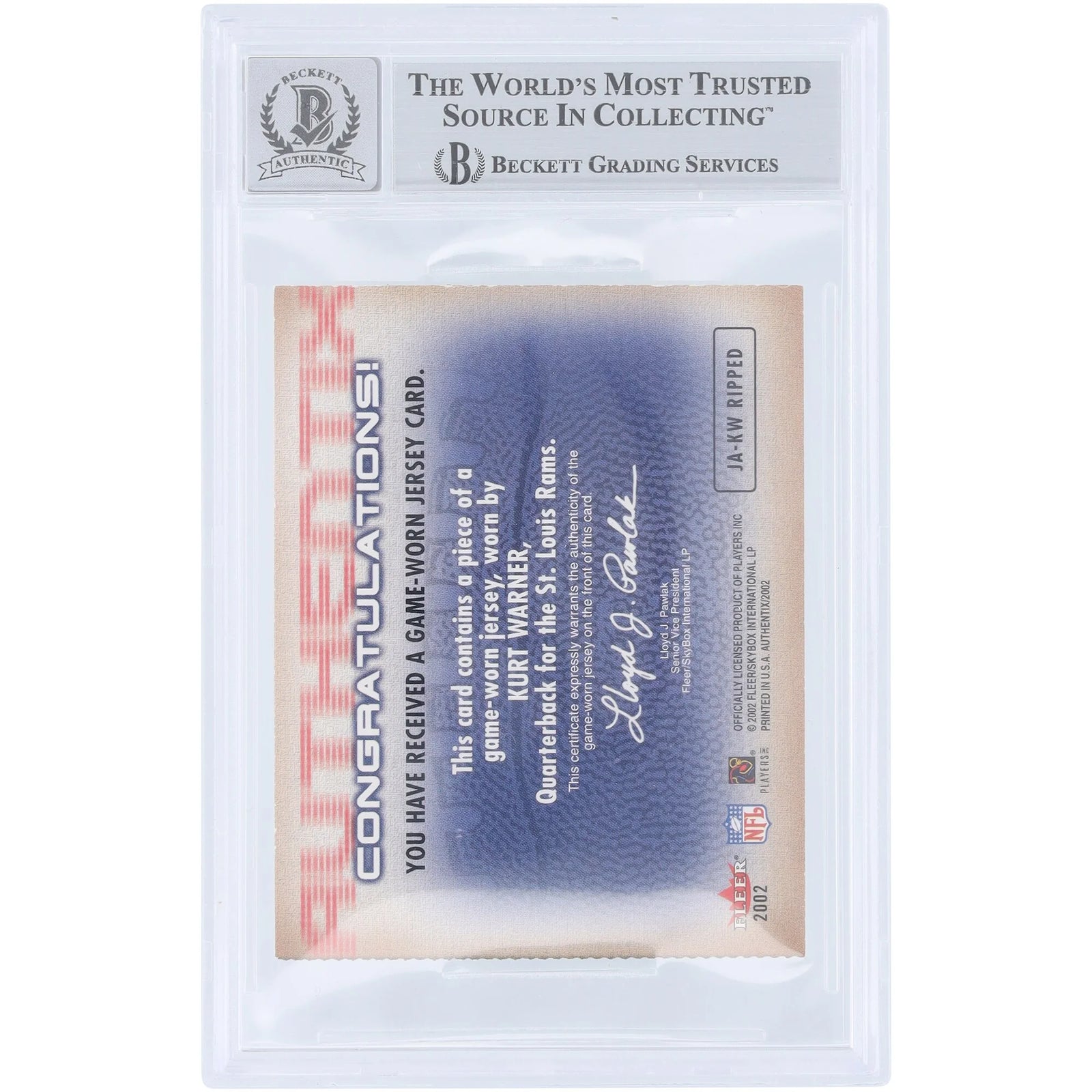 Kurt Warner Signed 2002 Fleer Authentix Jersey Relic Card | Beckett Authenticated