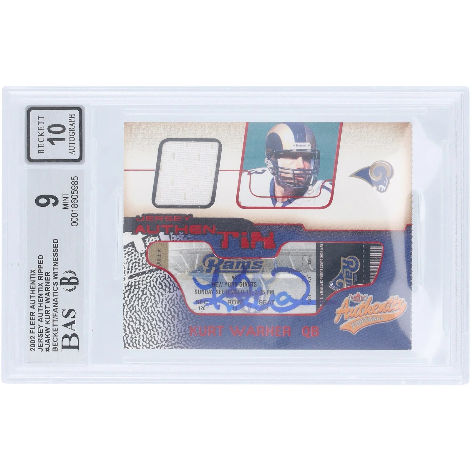 Kurt Warner Signed 2002 Fleer Authentix Jersey Relic Card | Beckett Authenticated