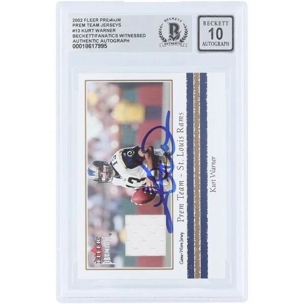 Kurt Warner Signed 2002 Fleer Premium Jersey Relic Card | Beckett Authenticated 10