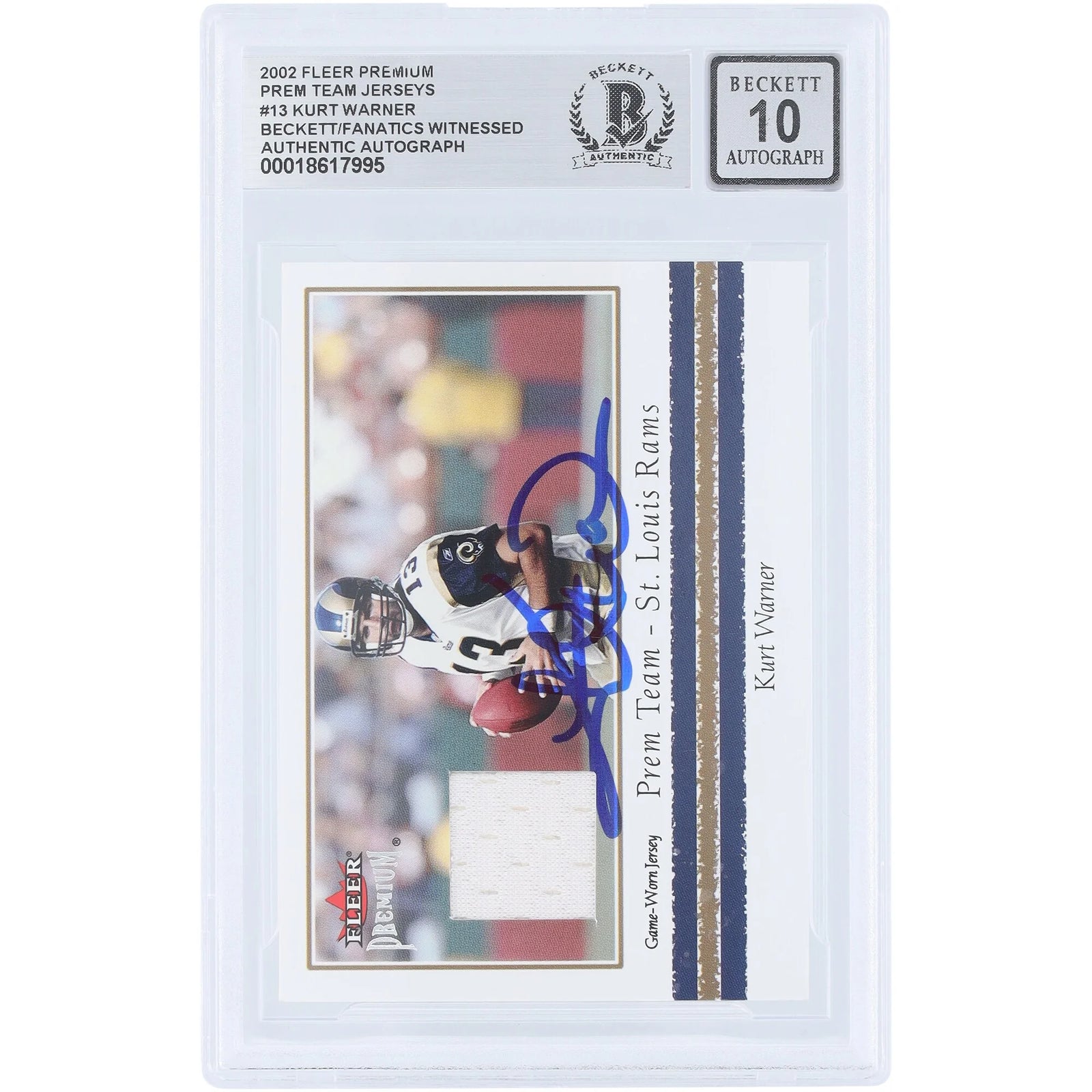 Kurt Warner Signed 2002 Fleer Premium Jersey Relic Card | Beckett Authenticated 10