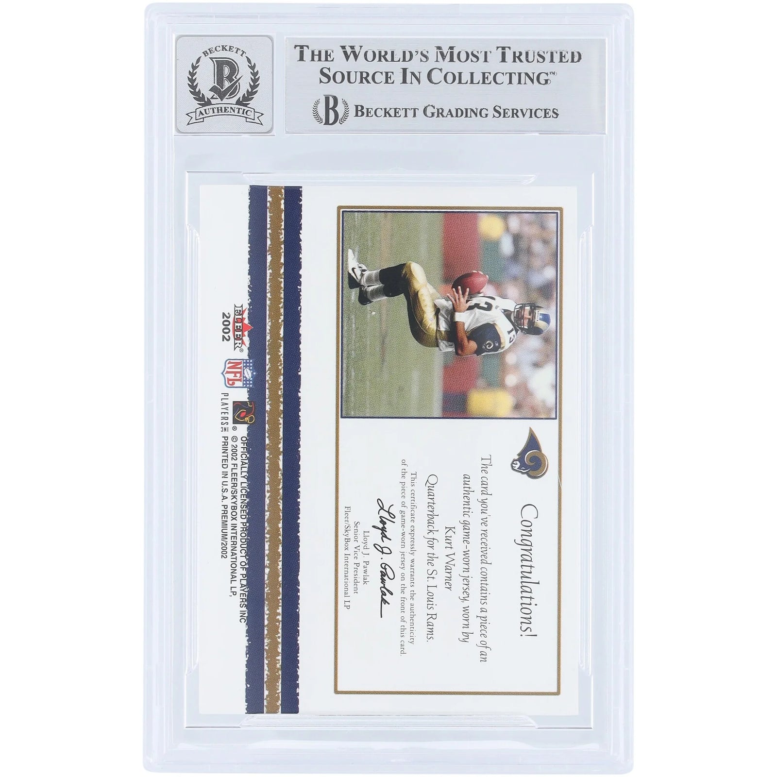 Kurt Warner Signed 2002 Fleer Premium Jersey Relic Card | Beckett Authenticated 10