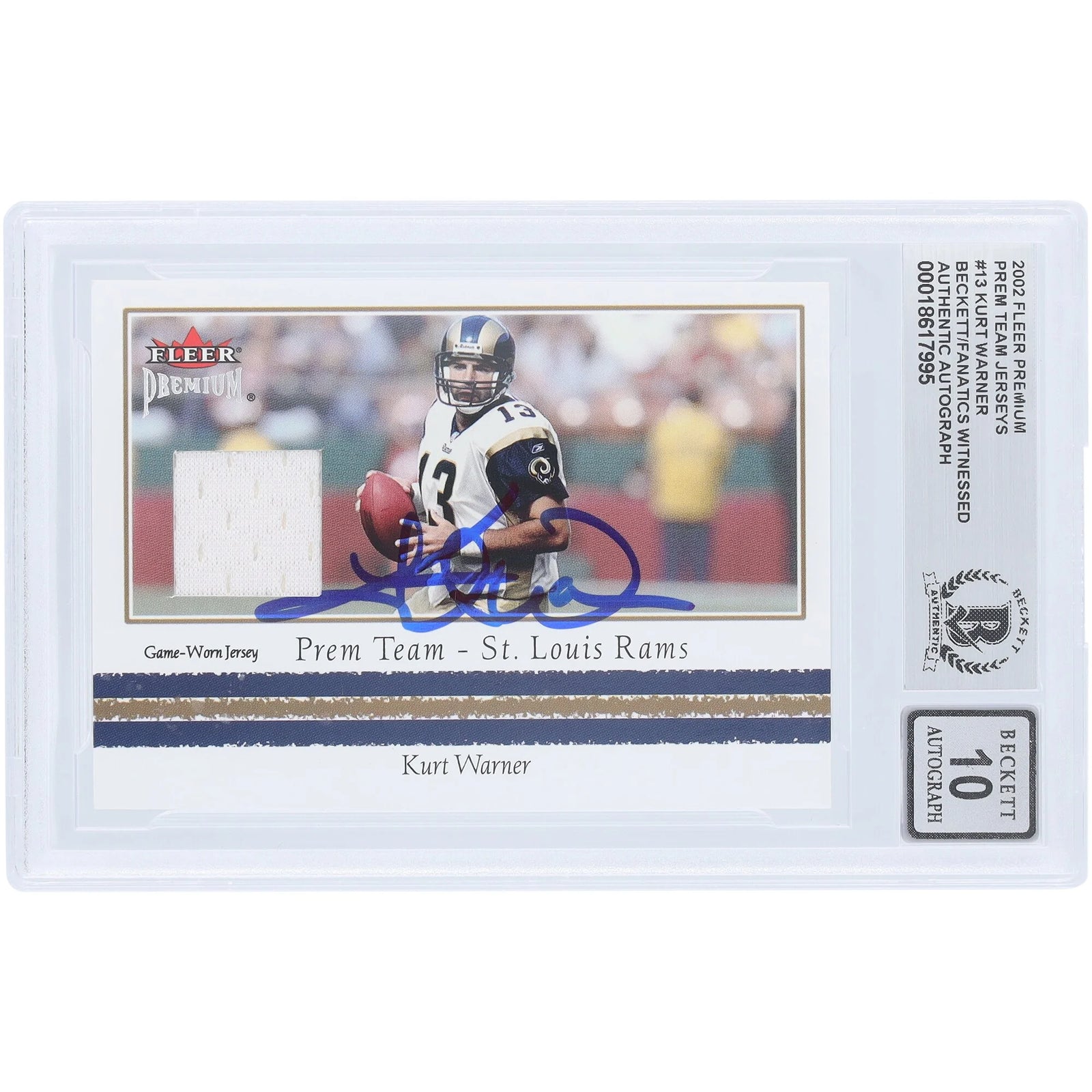 Kurt Warner Signed 2002 Fleer Premium Jersey Relic Card | Beckett Authenticated 10