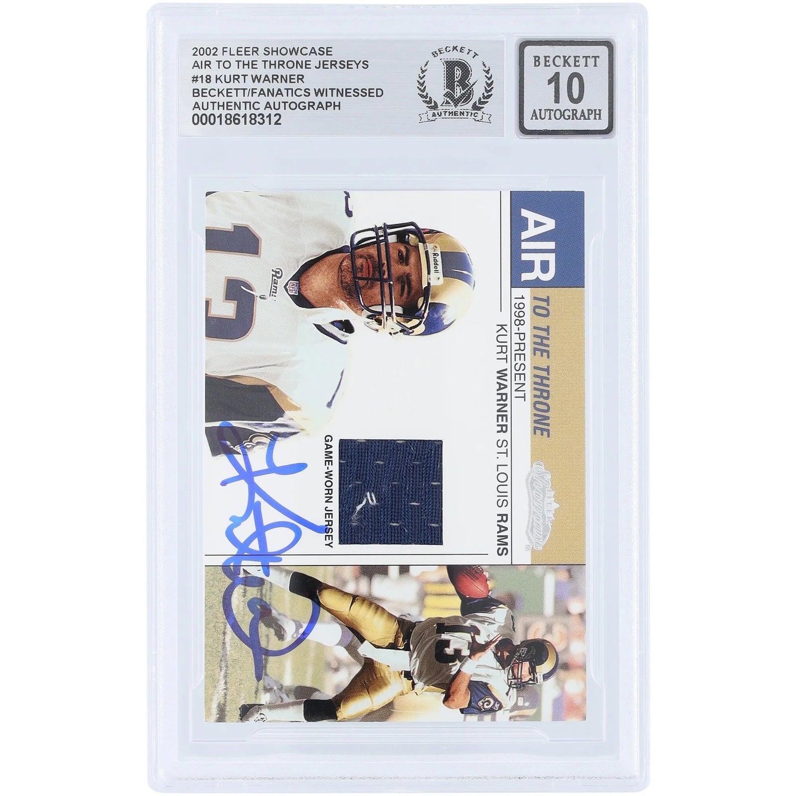 Kurt Warner Signed 2002 Fleer Showcase Air To The Throne Relic Card | Beckett Authenticate