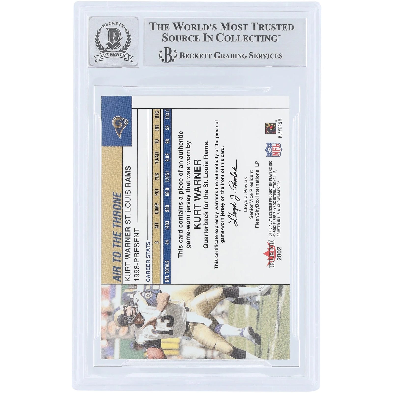 Kurt Warner Signed 2002 Fleer Showcase Air To The Throne Relic Card | Beckett Authenticate