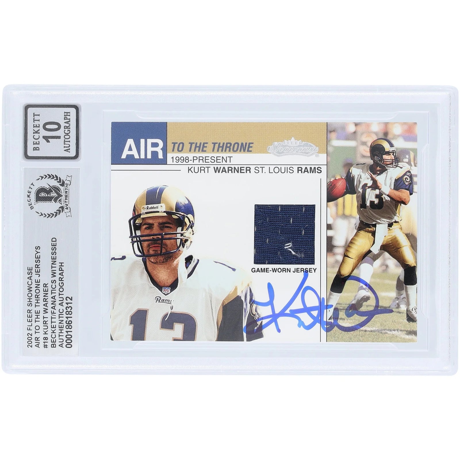 Kurt Warner Signed 2002 Fleer Showcase Air To The Throne Relic Card | Beckett Authenticate