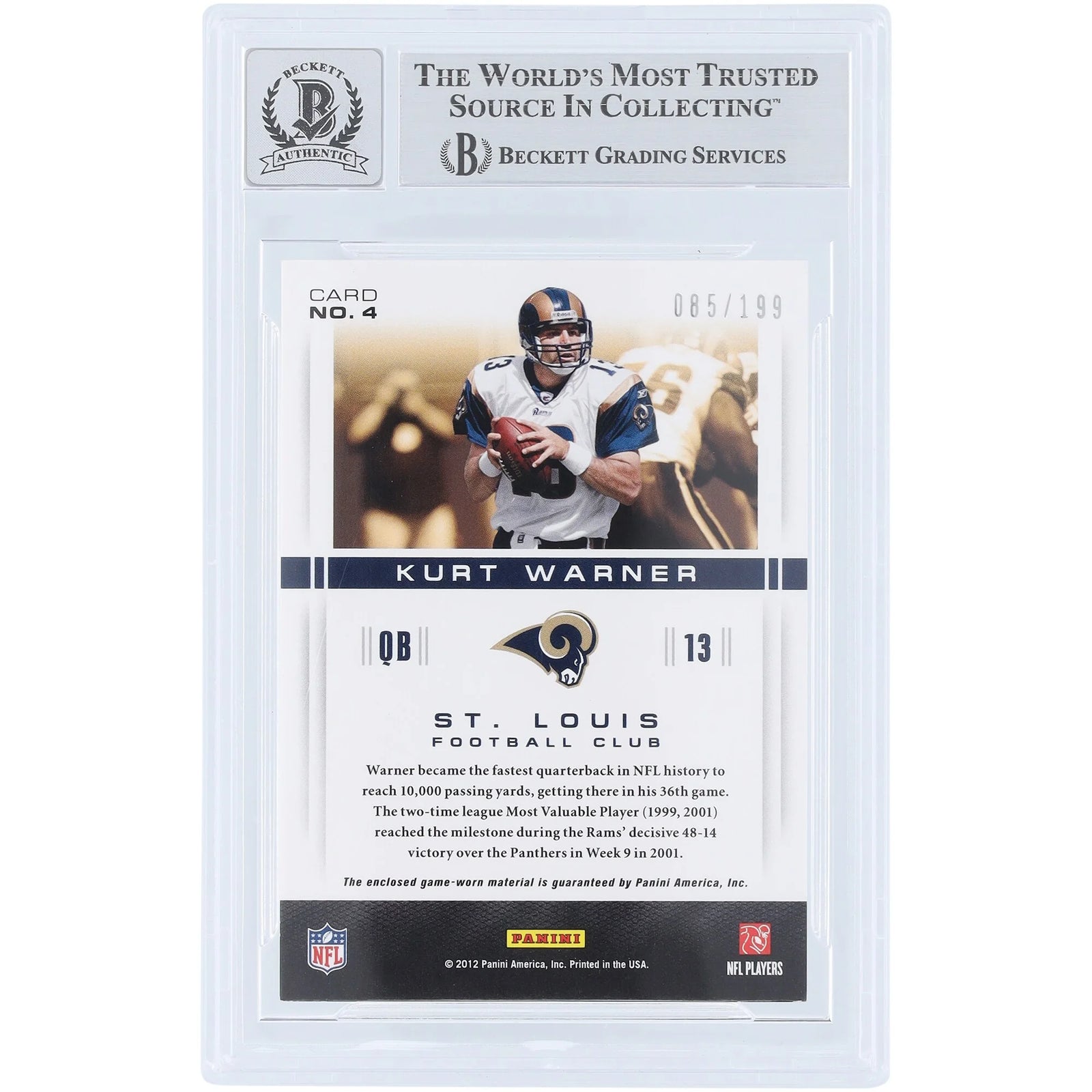 Kurt Warner Signed 2012 Panini Momentum Jersey Relic | Rams #/199 #4