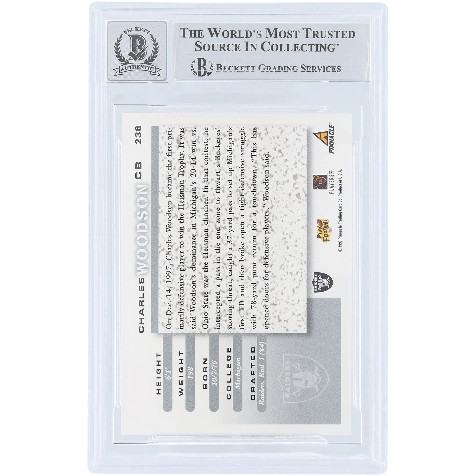 Charles Woodson Signed 1998 Pinnacle Score #236 Rookie Card | Graded 10