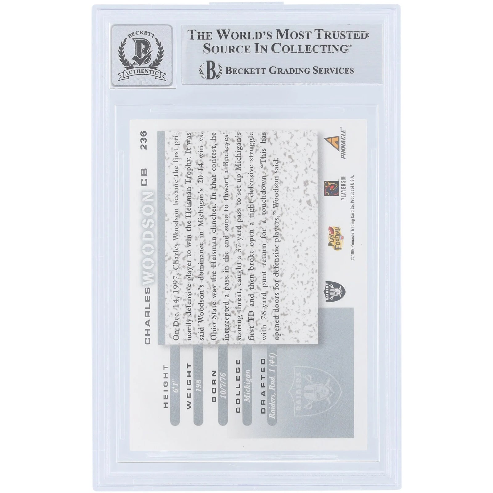 Charles Woodson Signed 1998 Pinnacle Score #236 Rookie Card | Graded 9
