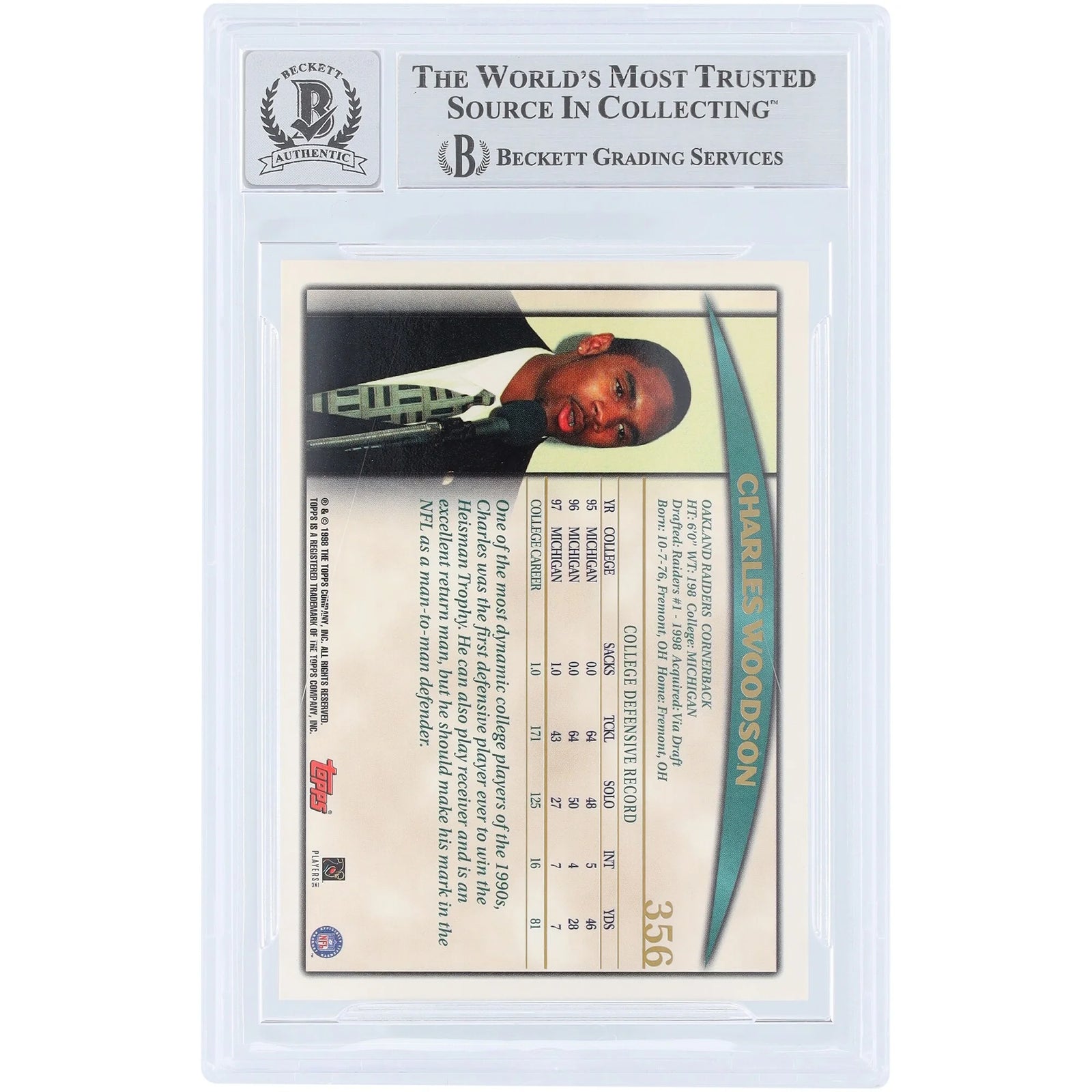 Charles Woodson Signed 1998 Topps #356 Rookie Card | Beckett 10