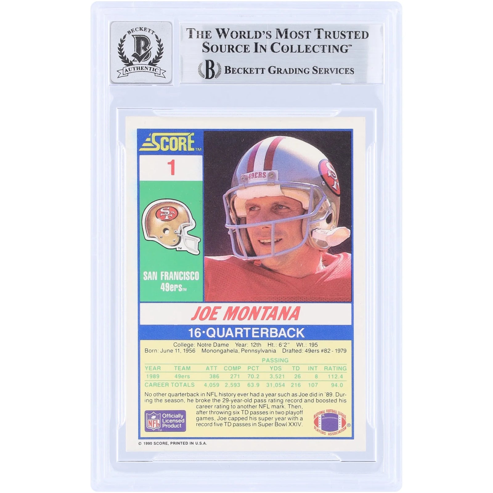 Joe Montana Signed 1990 Score #1 Card | Graded 10