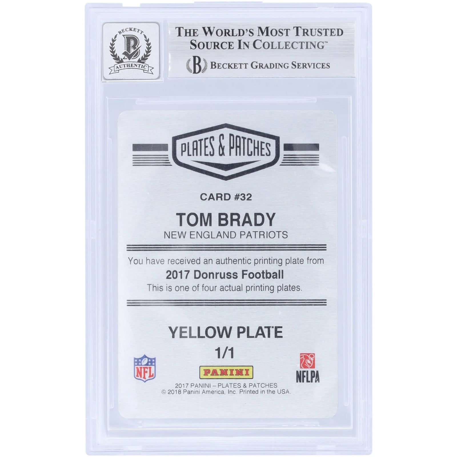 Tom Brady Signed 2017 Panini Donruss Yellow Printing Plate | 1/1 Beckett Authenticated
