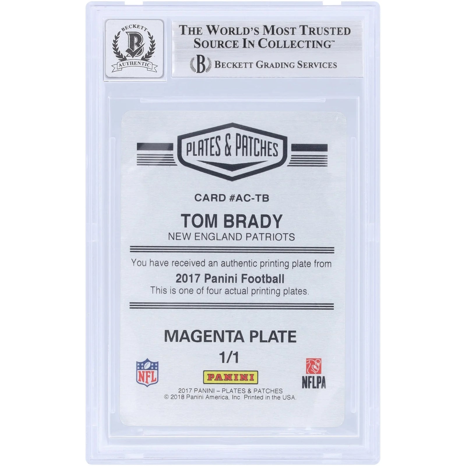 Tom Brady Signed 2017 Panini Plates & Patches Magenta Printing Plate | 1/1 Beckett Authent #1