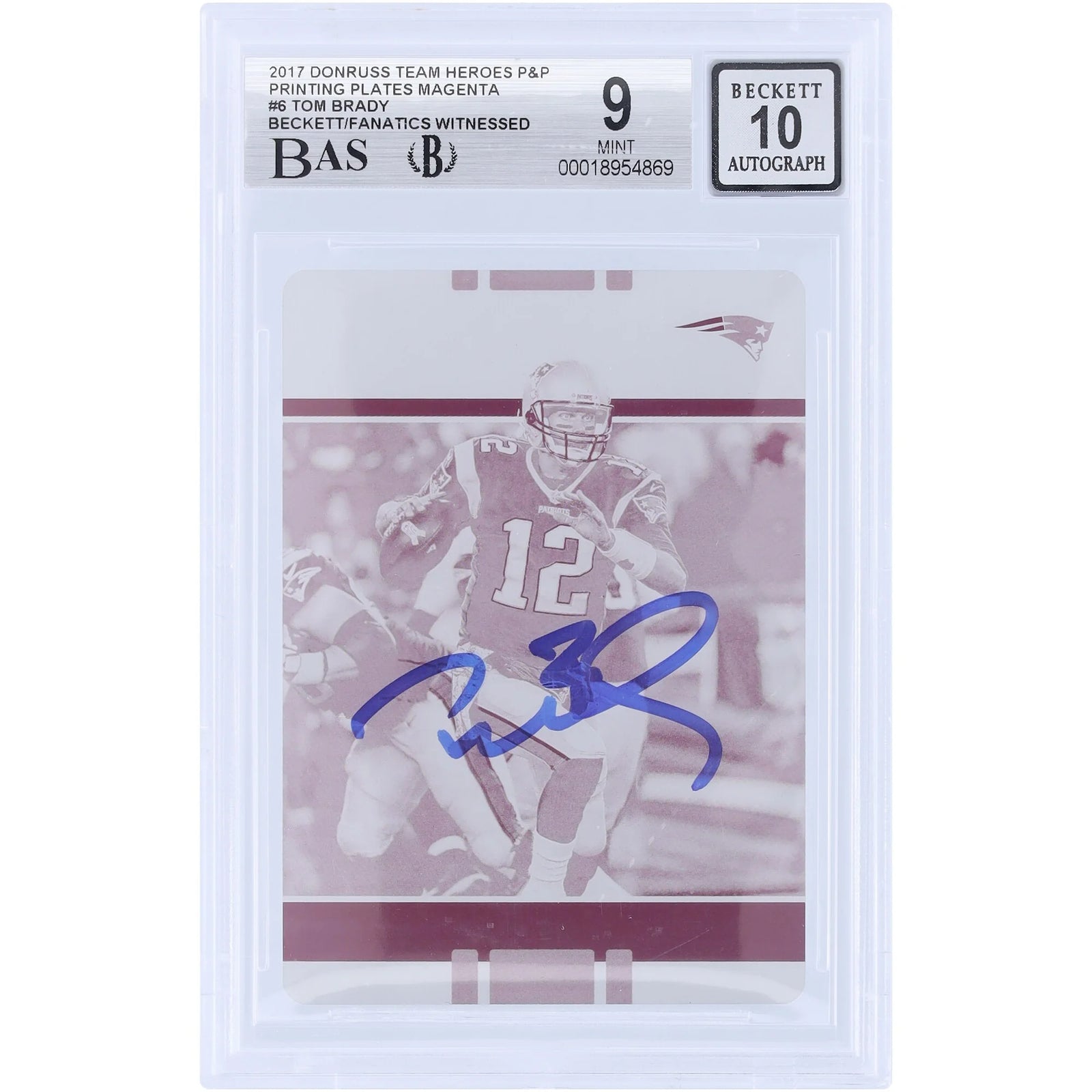 Tom Brady Signed 2017 Panini Donruss Magenta Printing Plate #6 | 1/1 Beckett Authenticated