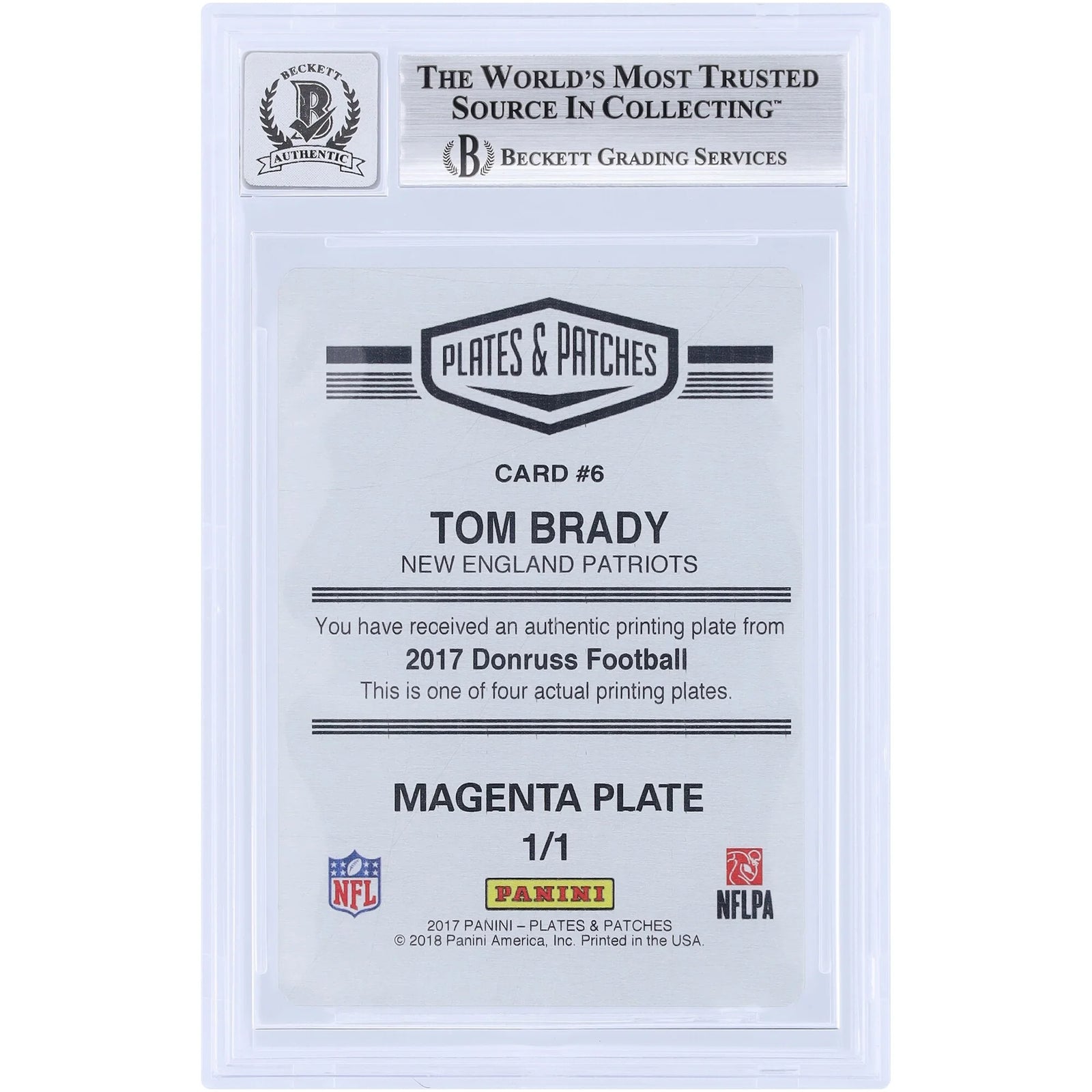 Tom Brady Signed 2017 Panini Donruss Magenta Printing Plate #6 | 1/1 Beckett Authenticated