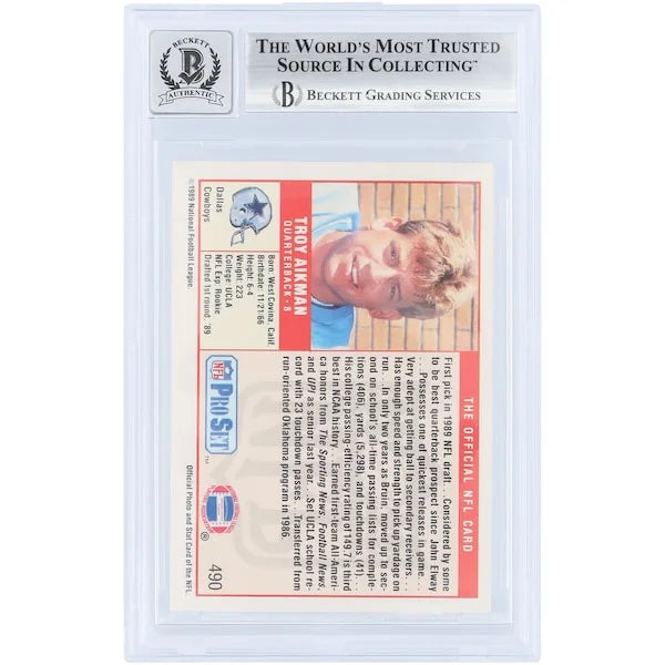 Troy Aikman Signed 1989 Pro Set #490 Rookie Card | Beckett 10