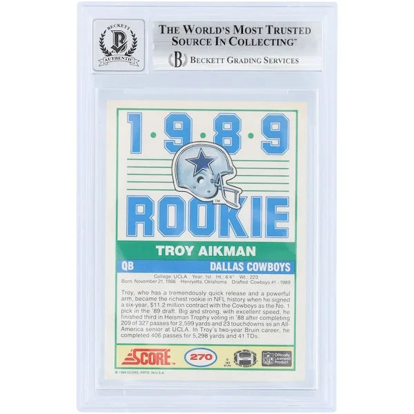 Troy Aikman Signed 1989 Score #270 Rookie Card | Beckett 10