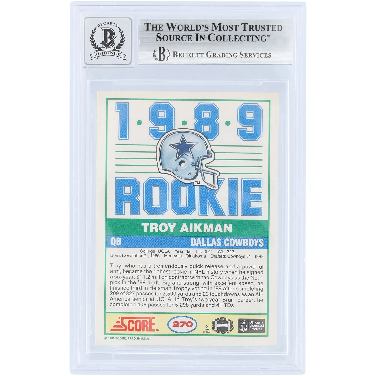 Troy Aikman Signed 1989 Score #270 Rookie Card | Beckett 10
