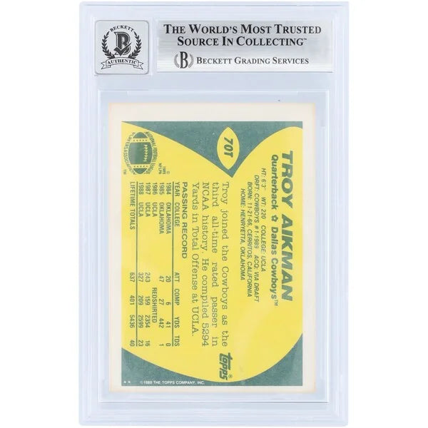 Troy Aikman Signed 1989 Topps Traded #70T Rookie Card | Beckett 10