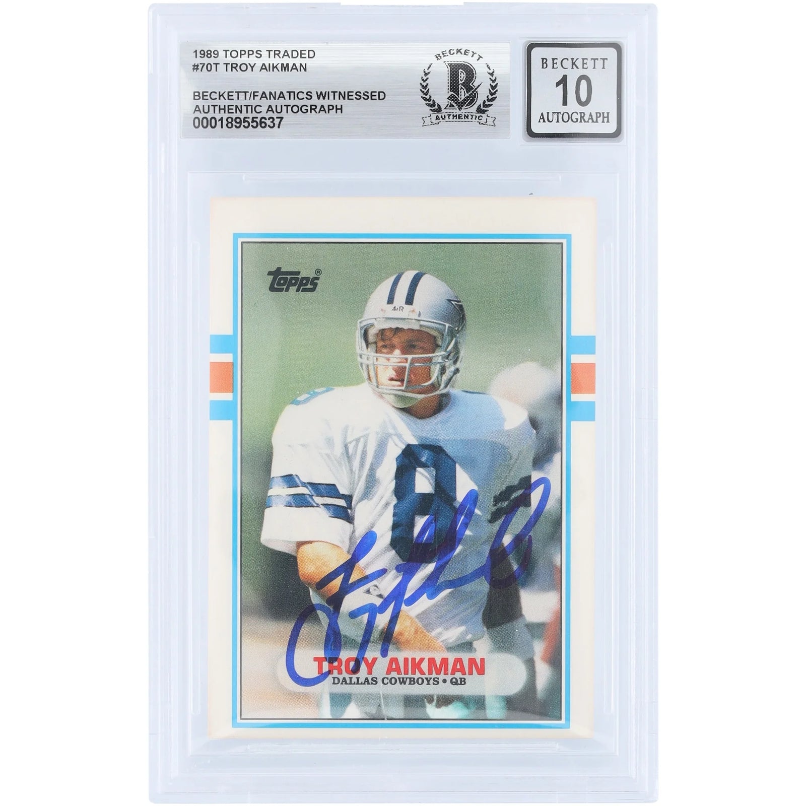 Troy Aikman Signed 1989 Topps Traded #70T Rookie Card | Beckett 10