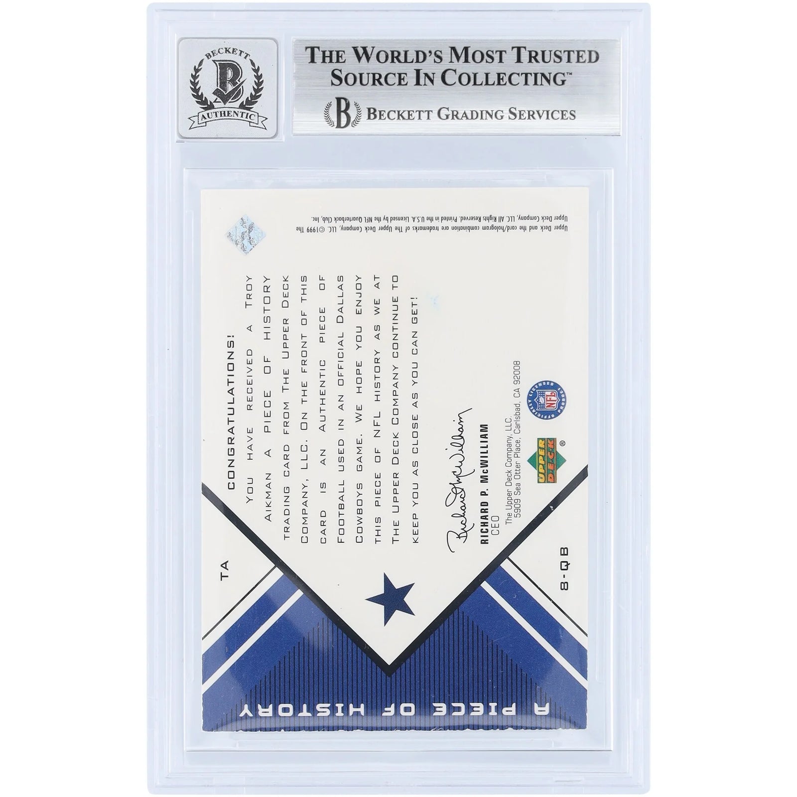 Troy Aikman Signed 1999 Upper Deck Black Diamond Card | Graded 10