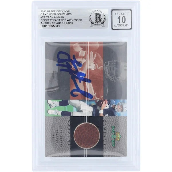 Troy Aikman Signed 2000 Upper Deck MVP Football Relic Card | Beckett 10