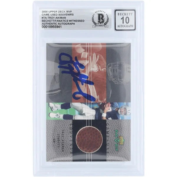 Troy Aikman Signed 2000 Upper Deck MVP Football Relic Card | Beckett 10