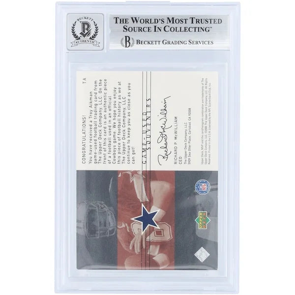 Troy Aikman Signed 2000 Upper Deck MVP Football Relic Card | Beckett 10