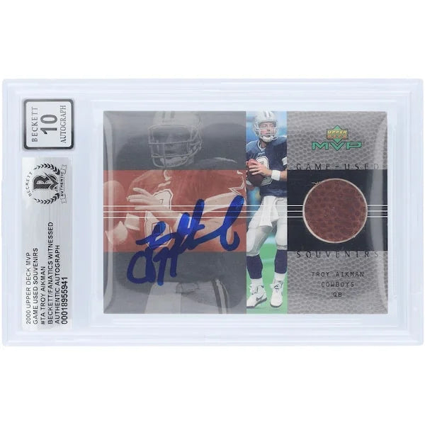Troy Aikman Signed 2000 Upper Deck MVP Football Relic Card | Beckett 10