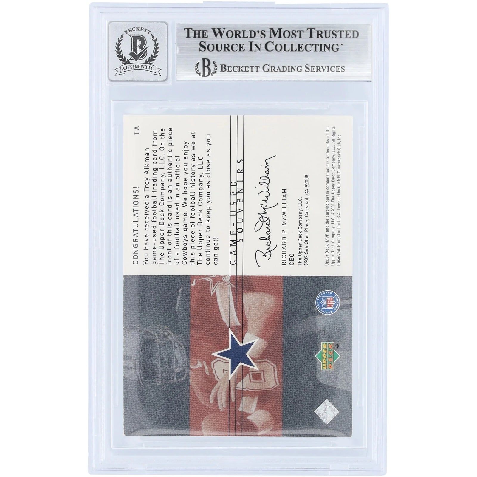 Troy Aikman Signed 2000 Upper Deck MVP Football Relic Card | Beckett 10