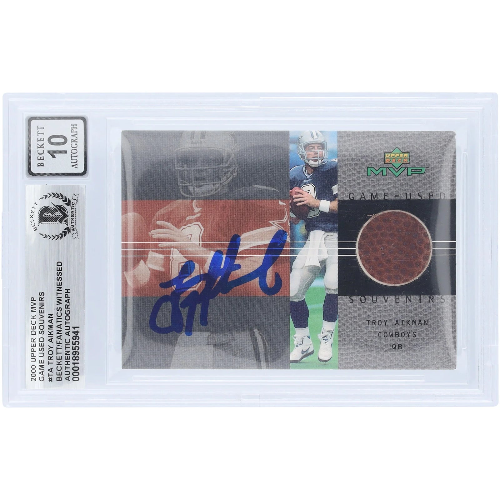 Troy Aikman Signed 2000 Upper Deck MVP Football Relic Card | Beckett 10